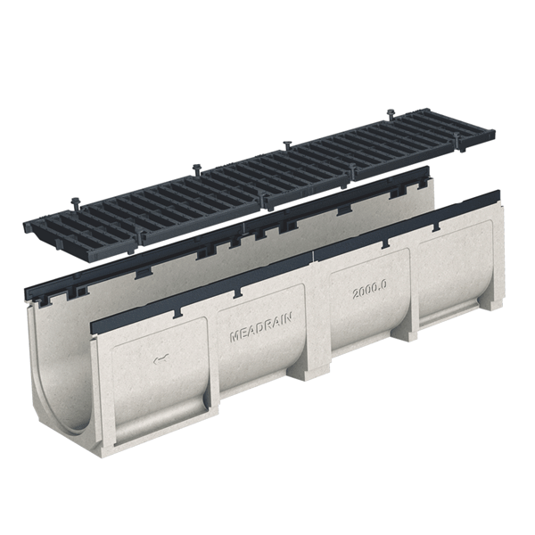 Caniveau en béton polymère MEADRAIN EN 2000 avec feuillures fonte et grille fonte D400 - Largeur 200,0 mm - Longueur 1 m