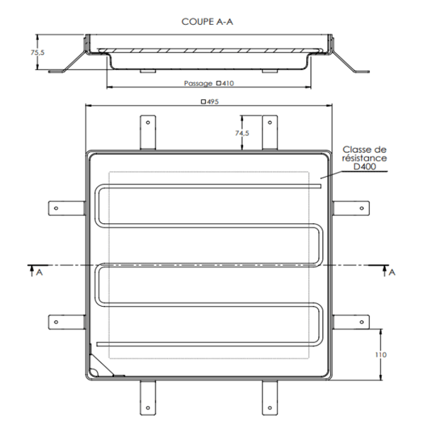 Tampon à remplir de béton ou à paver en acier galvanisé - BOTOLI TOB41 - pour boite de branchement - 495,0 mm x 495,0 mm