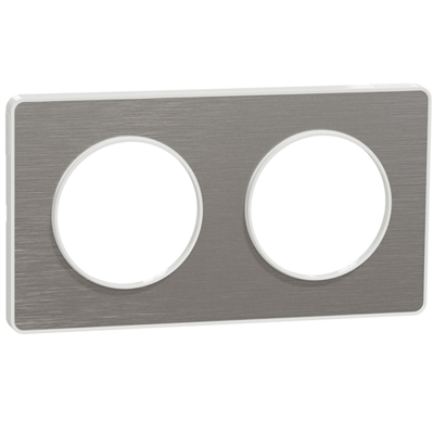 Plaque de finition double Schneider Odace Touch pour 2 postes encastrés - alu brossé liseré blanc