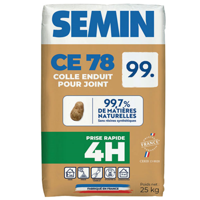 Enduit à joint éco-responsable pour plaques de plâtre - prise rapide 4H - CE 78 99. Semin - Sac de 25,0 KG