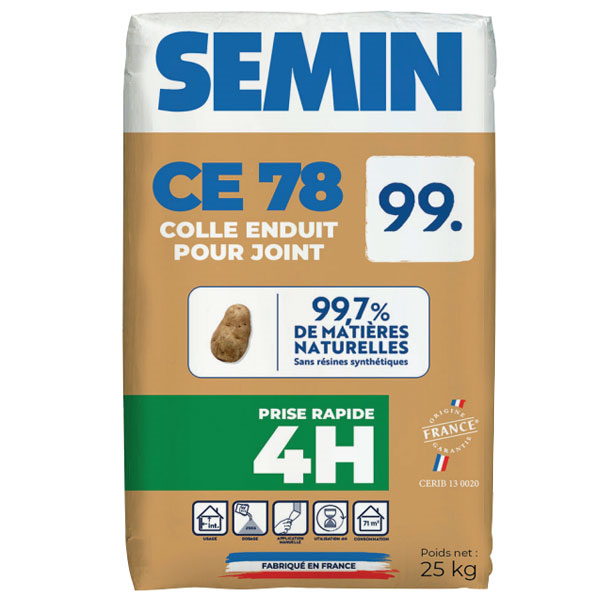 Enduit à joint éco-responsable pour plaques de plâtre - prise rapide 4H - CE 78 99. Semin - Sac de 25,0 KG