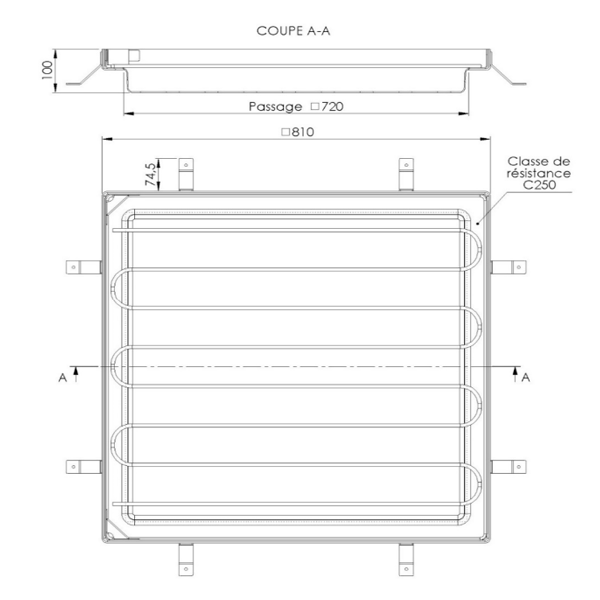 Tampon à remplir de béton ou à paver en acier galvanisé - BOTOLI TOB72 - pour boite de branchement - 810,0 mm x 810,0 mm