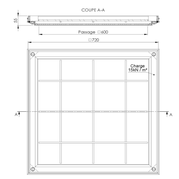Tampon à remplir de béton ou à paver en aluminium - SOCOLIM TSA60.55 - Simple joint - 720,0 mm x 720,0 mm