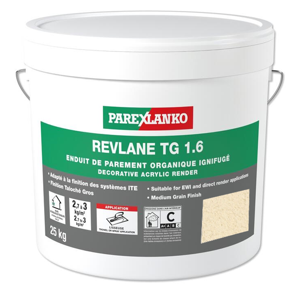 Enduit de parement organique ignifugé pour façades - Revlane TG 1.6 Parexlanko - J39 Sable d'Athènes - Seau de 25 KG
