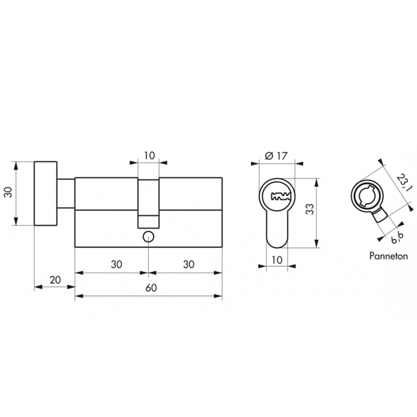 Cylindre à bouton haute sûreté Thirard Trafic 6 - profil européen - laiton nickel satin - 5 clés - 30 x 30 mm