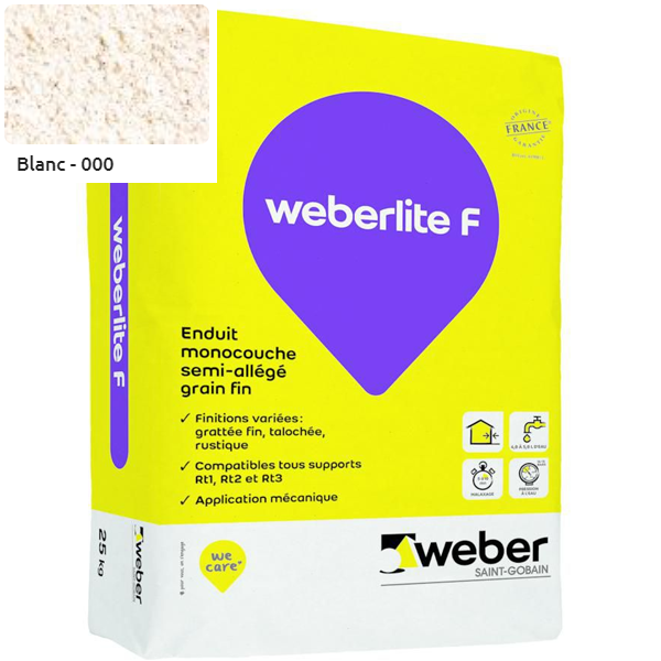 Enduit monocouche semi-allégé et coloré à grain fin WeberLite F 000 Blanc - sac de 25 KG