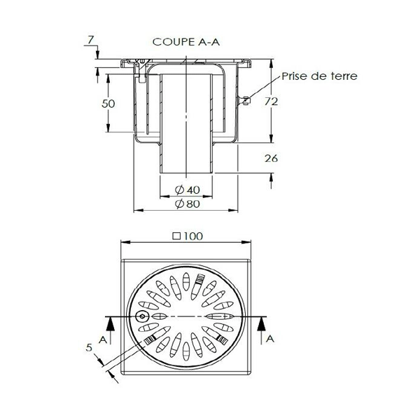 Siphon de douche en inox - cloche avec garde d'eau de 50 mm - 100 x 100 mm - sortie verticale 40 mm