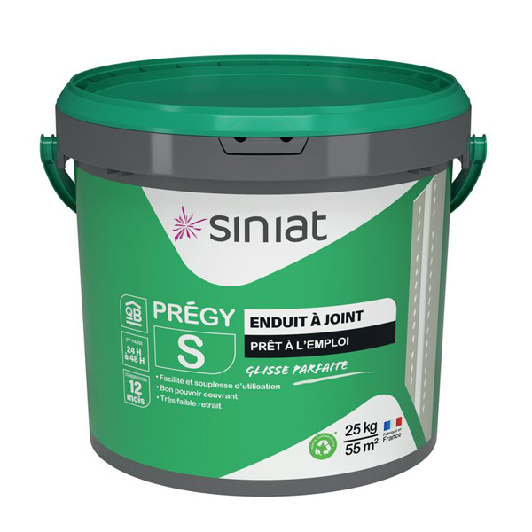 Enduit à joint prêt à l'emploi pour plaques de plâtre - Prégy S Siniat - glisse parfaite - seau de 25,0 KG