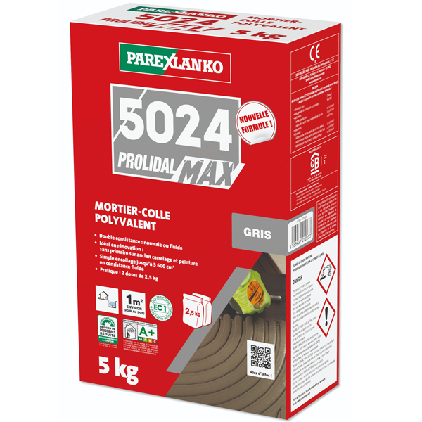 Mortier-colle amélioré polyvalent - 5024 Prolidal Max - Gris - Sac de 5 KG