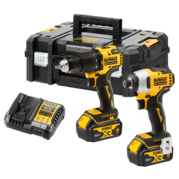 Ensemble de 2 machines Dewalt - perceuse visseuse à percussion DCD709 et visseuse à chocs DCF809 - En coffret TSTAK avec 2 batteries XR 18V 4Ah Li-Ion et chargeur