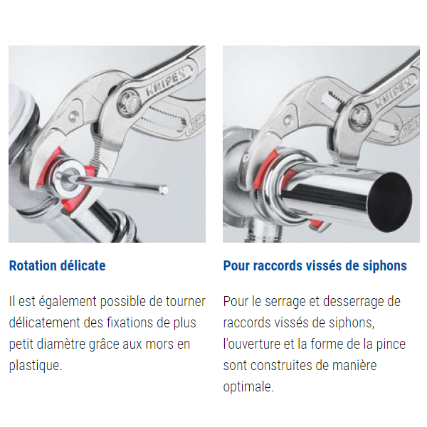 Pince pour siphon, connecteur et tube plastique Knipex - Poignées gainées - Longueur 250 mm