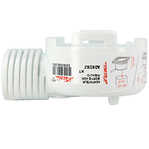 Adaptateur de siphonnette Nicoll ADSIHJ à sortie horizontale 40/50 mm pour douche plain-pied - PVC blanc