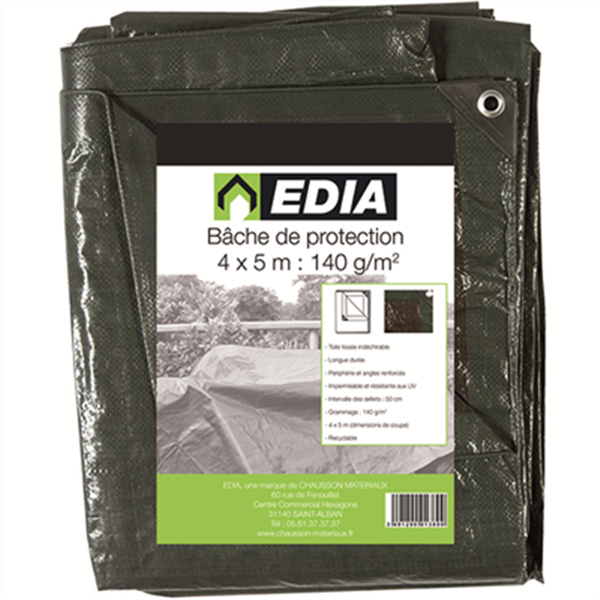 Bache de protection Edia imperméable vert 140 g/m² avec oeillet 4x5 m