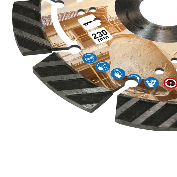 Disque diamant mixte haut de gamme découpe matériaux durs Ø 230 mm Obra - 16 segments - Alésage 22,23 mm