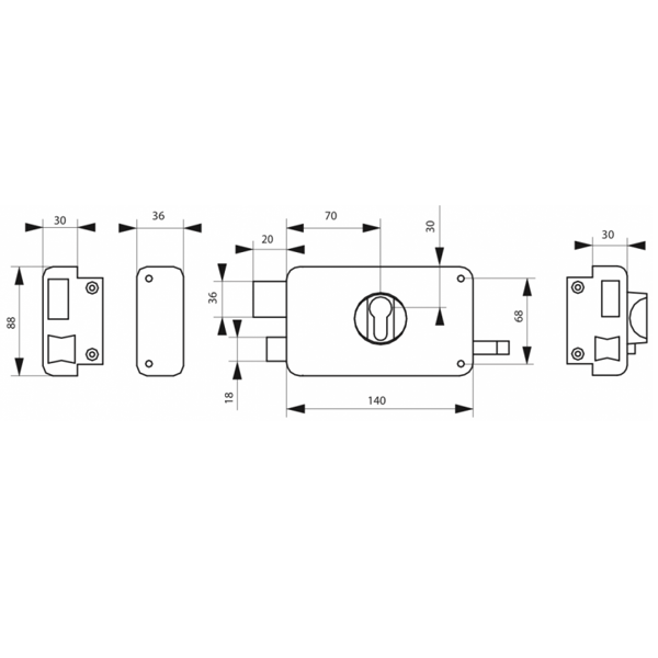 Serrure en applique horizontale pour cylindre européen - coffre 140 x 88 mm - epoxy noir granité - axe 70 mm - Gauche
