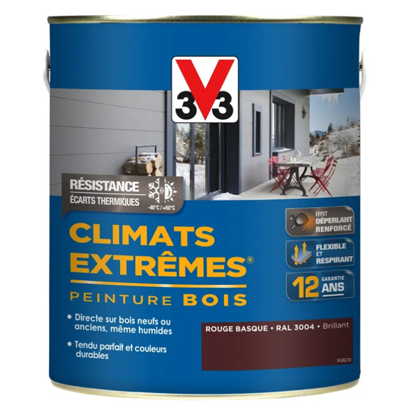 Peinture pour bois extérieurs V33 - Climats Extrêmes - Teinte Rouge basque brillant - Pot 2L