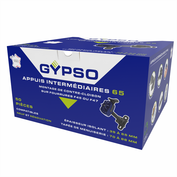 Appui intermédiaire réglable Gypso 65 pour fourrure F45 ou F47 - isolant de 35 à 65 MM - Boîte de 50