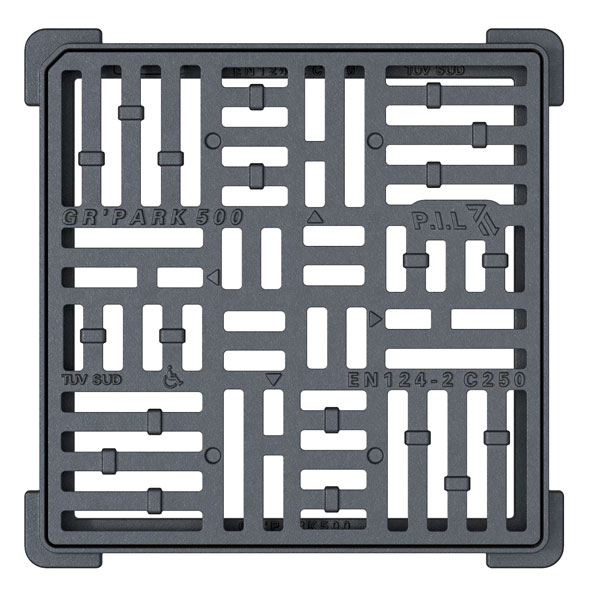 Grille carrée plate en fonte PMR C250 avec cadre - ouverture libre 500,0 mm x 500,0 mm