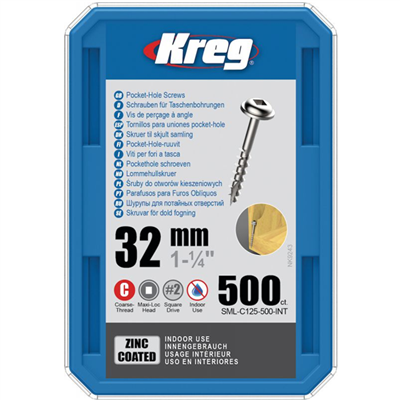 Vis à trou de poche Kreg en acier zingué - tête cylindrique à empreinte carrée - longueur 32 mm - boîte de 500