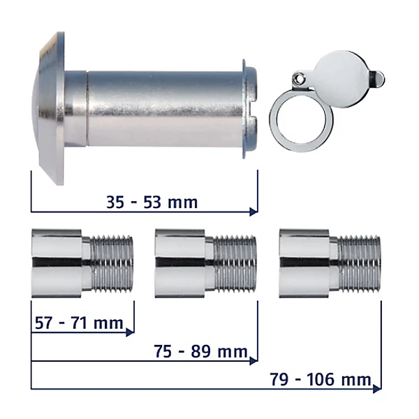 Judas optique Abus 2203 avec cache et 3 rallonges pour porte de 35 à 106 mm - Ø 14 mm - vue à 200° - blanc