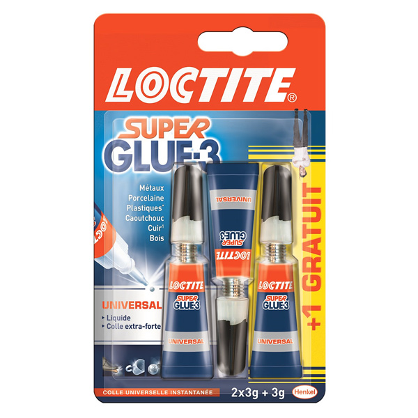 Colle liquide extra-forte cyanoacrylate - Super Glue-3 Loctite - Lot de 2 tubes + 1 gratuit