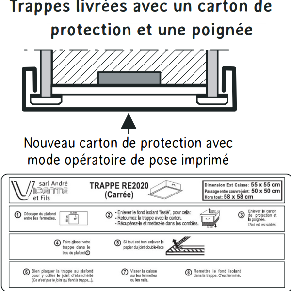 Trappe de visite isolante RE2020 avec rehausse de 340,0 MM - R = 10,00 m².K/W - réservation de 550 x 550 MM