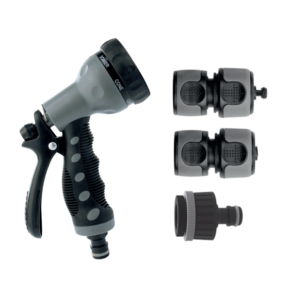 Ensemble universel pour arrosage - Pistolet multifonctions et raccords 13-19 mm - Bi-matière noir
