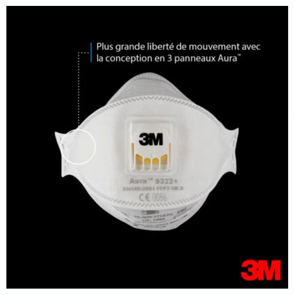 Masque de protection FFP2 pliable 3M Aura 9322+ antipoussière de ponçage -  avec soupape - lot de 10