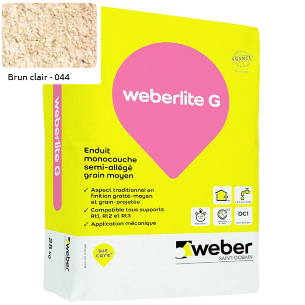 Enduit monocouche semi-allégé et coloré à grain moyen WeberLite G 044 Brun clair - sac de 25 KG
