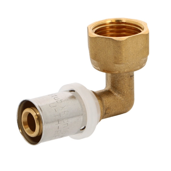 Raccord coudé à sertir avec écrou tournant F 3/4" pour tubes multicouches Ø20