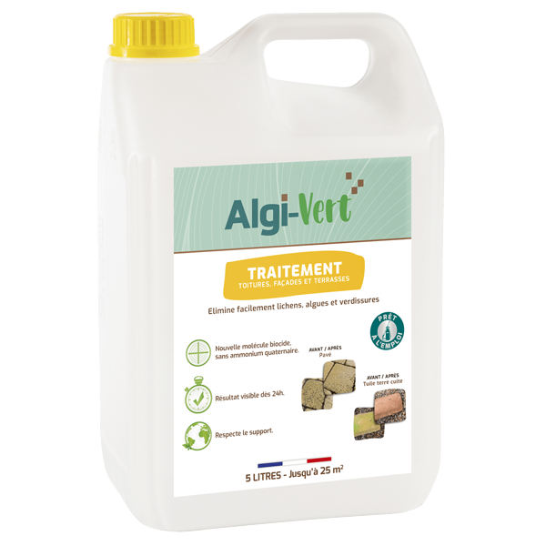 Traitement fongicide éco-responsable pour toitures façades et terrasses - Algi-vert - bidon de 5 litres
