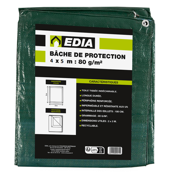 Bâche de protection multi-usages imperméable verte - Edia - 80 g/m² avec œillets - 4 MTR x 5 MTR