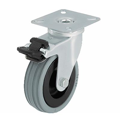 Roulette sur platine pivotante à frein caoutchouc gris diamètre 100 mm