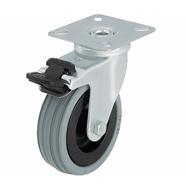 Roulette sur platine pivotante à frein caoutchouc gris diamètre 100 mm
