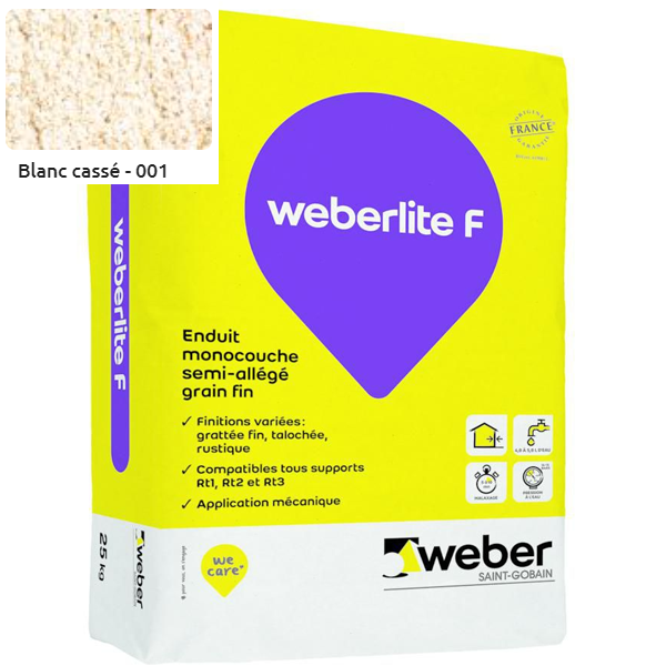 Enduit monocouche semi-allégé et coloré à grain fin WeberLite F 001 Blanc cassé - sac de 25 KG