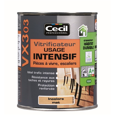 Vitrificateur parquet plancher VX303 Cecil - Usage intensif intérieur - Satiné incolore - Pot 1L