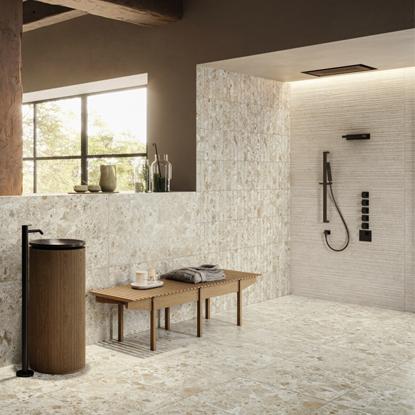 Faïence salle de bain en grès cérame fin rectifié - Mockup - 100,0 CM x 40,0 CM - ép. 7,00 MM - Ostuni Line Cream