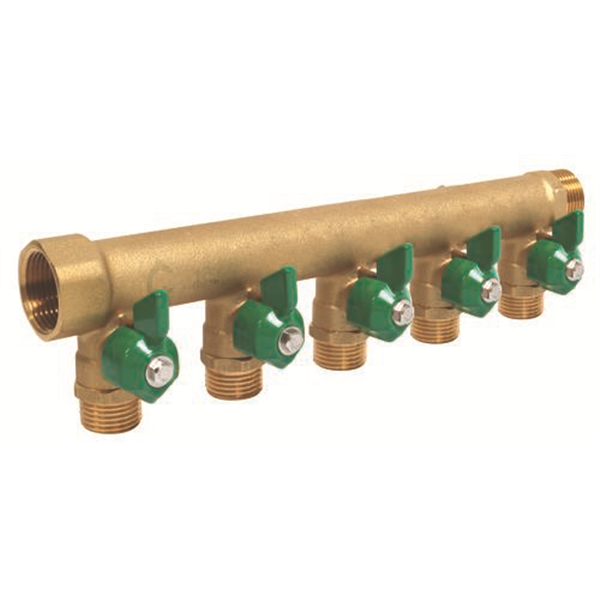 Collecteur distribution laiton FM3/4" Portée plate - Mini-vannes 5 départs 1/2