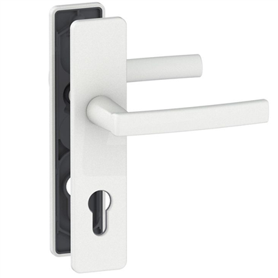 Ensemble poignée de porte à clé en I Vachette Koya - alu blanc - entraxe fixation 195 mm - carré 7 mm