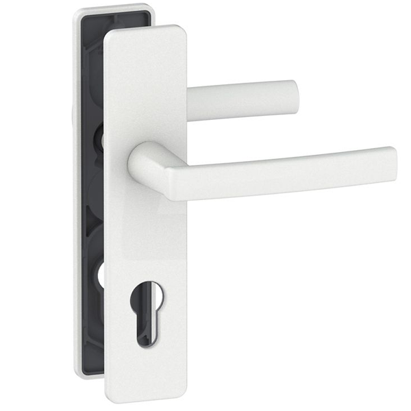 Ensemble poignée de porte à clé en I Vachette Koya - alu blanc - entraxe fixation 195 mm - carré 7 mm