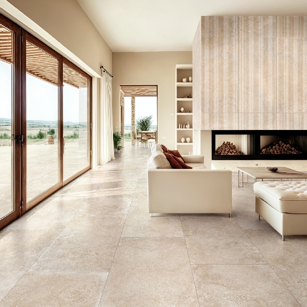Carrelage imitation travertin Beige en grès cérame rectifié - Realstone Travertino Cross - 120 x 60 cm - ép. 9 mm