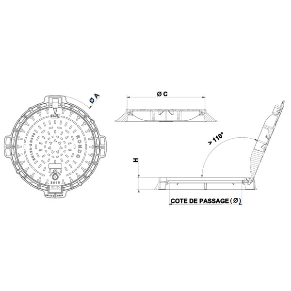 Regard de visite en fonte C250 Rondo - articulé et verrouillé - ∅850 mm passage utile ∅600 mm