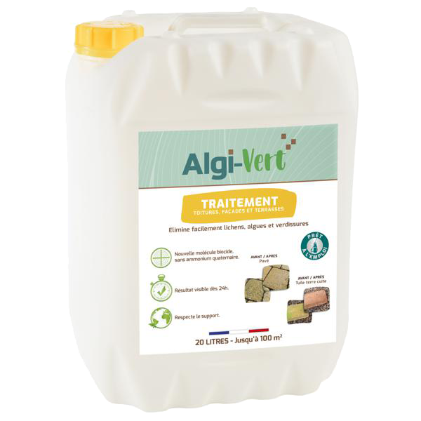 Traitement fongicide éco-responsable pour toitures façades et terrasses - Algi-vert - bidon de 20 litres