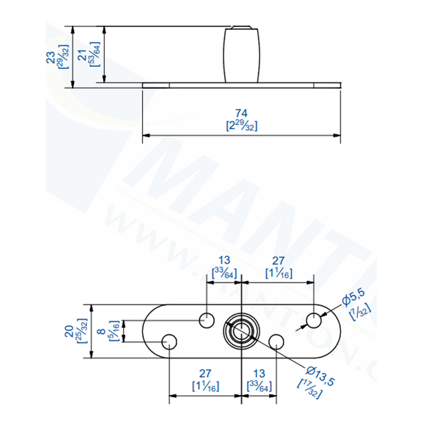 Guide sol pour vantaux rainurés sur platine inox dimensions 25 x 17 mm