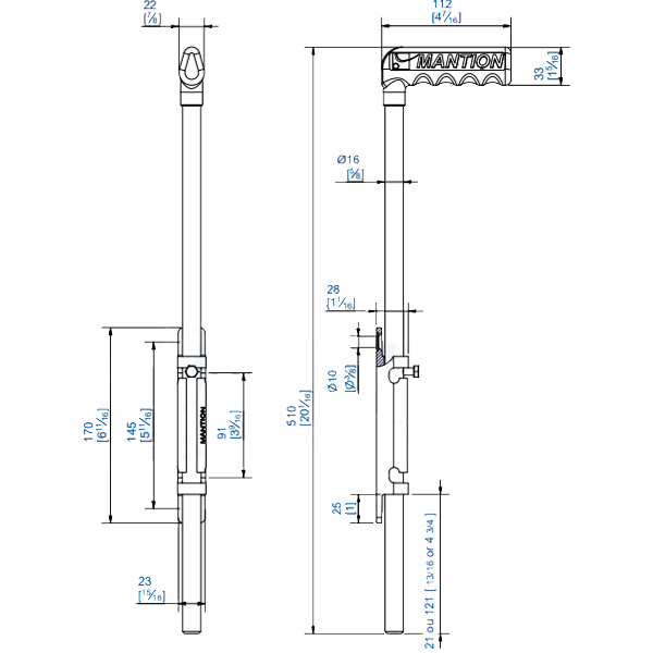 Verrou de sol renforcé et étroit Mantion 1316E avec platine à visser - tige Ø 16 - longueur 510 mm