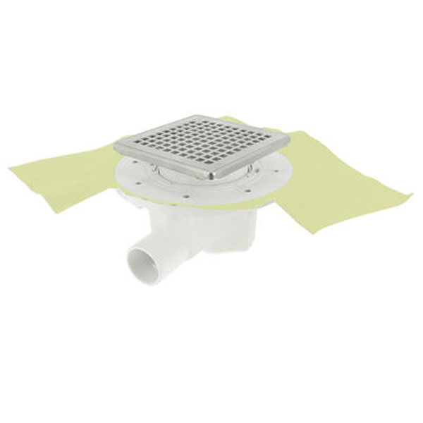 Siphon PVC pour sol carrelé avec grille 15 x 15 cm et cadre en Inox 304 - sortie horizontale ø 40/50 mm