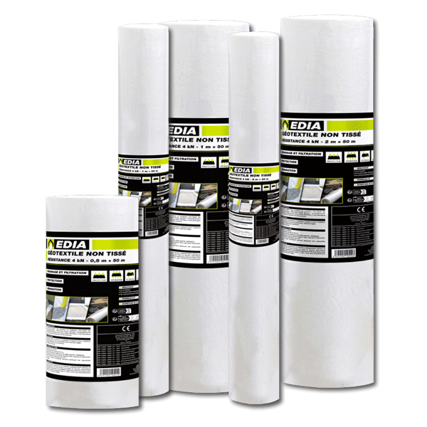 Géotextile non tissé Edia - polypropylène blanc - R. 4 kN - rouleau de 2,00 M x 25,00 M