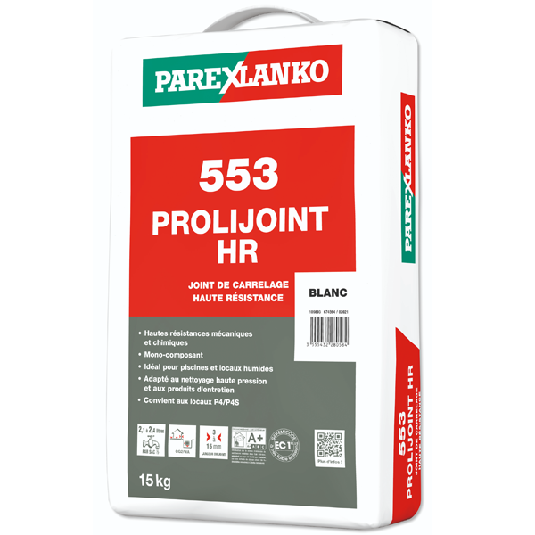Mortier joint carrelage technique - PROLIJOINT HR 553 Parex - 3 à 15 mm - Blanc - Sac de 15 KG