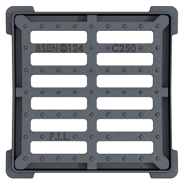Grille carrée concave en fonte C250 avec cadre - ouverture libre 300,0 mm x 300,0 mm