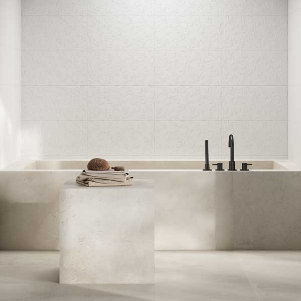 Faïence salle de bain en grès cérame émaillé - Noah blanc mat à motif floral - 60,0 CM x 31,6 CM - ép. 9,50 MM